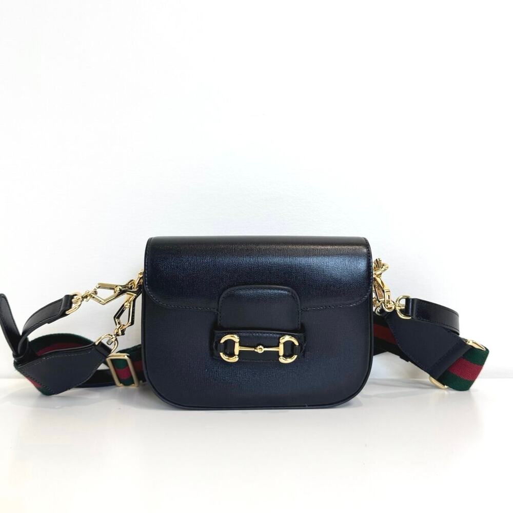 GUCCI Black Gold Stripe Horsebit 1955 Small Shoulder Bag Web Strap Crossbody